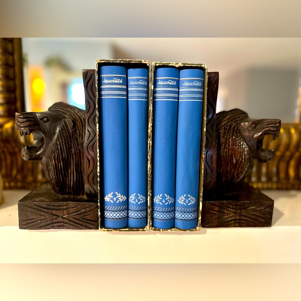 Carved Wood lion vintage bookends